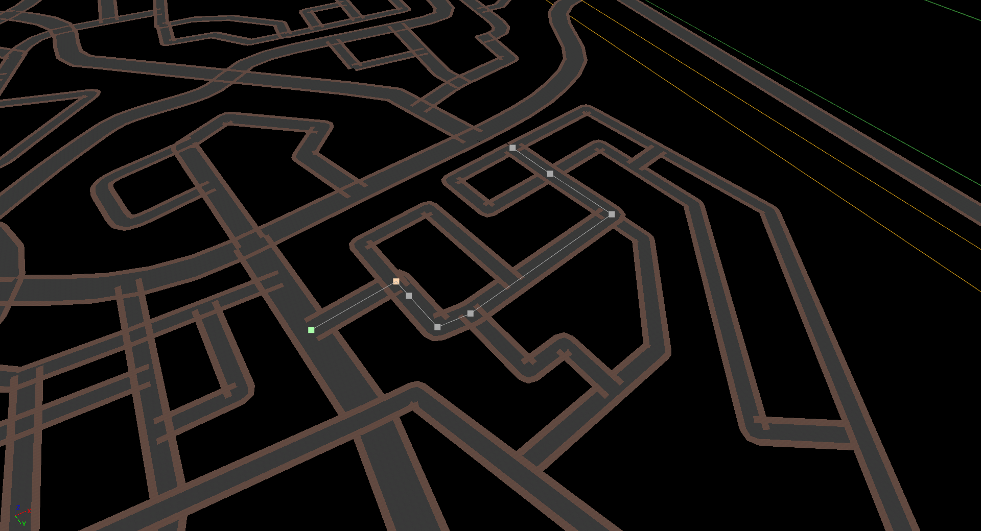 Preview road meshes. You can see the spline control points of the road that is selected