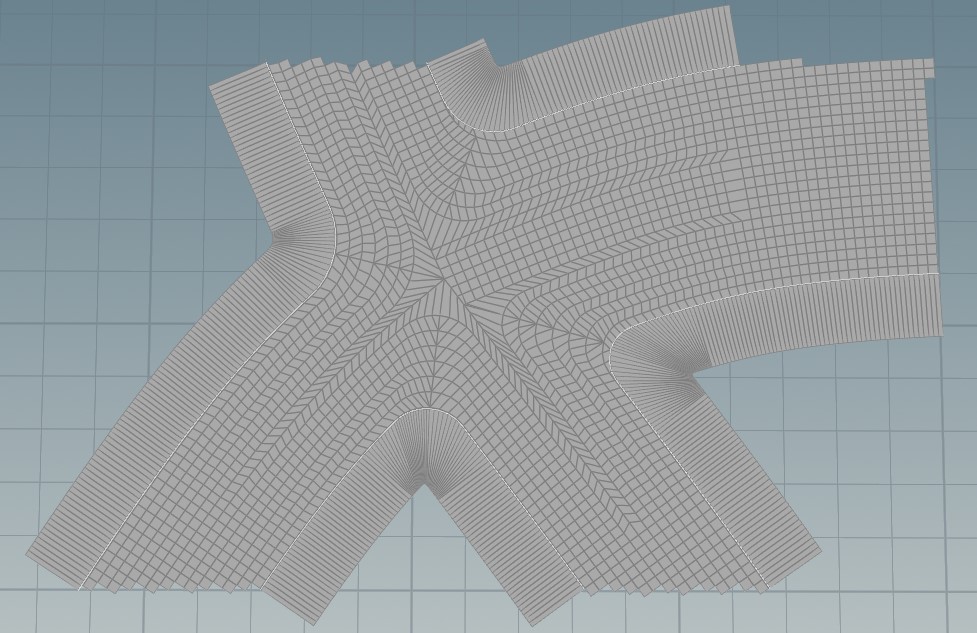 The detailed topology of two mesh chunks connecting roads of different sizes. Grid size: 5x5m