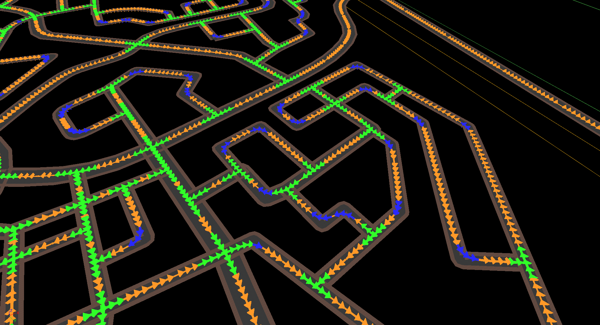 The road network preview shows color codes for intersections and sharp turns that help to check if the input splines are valid