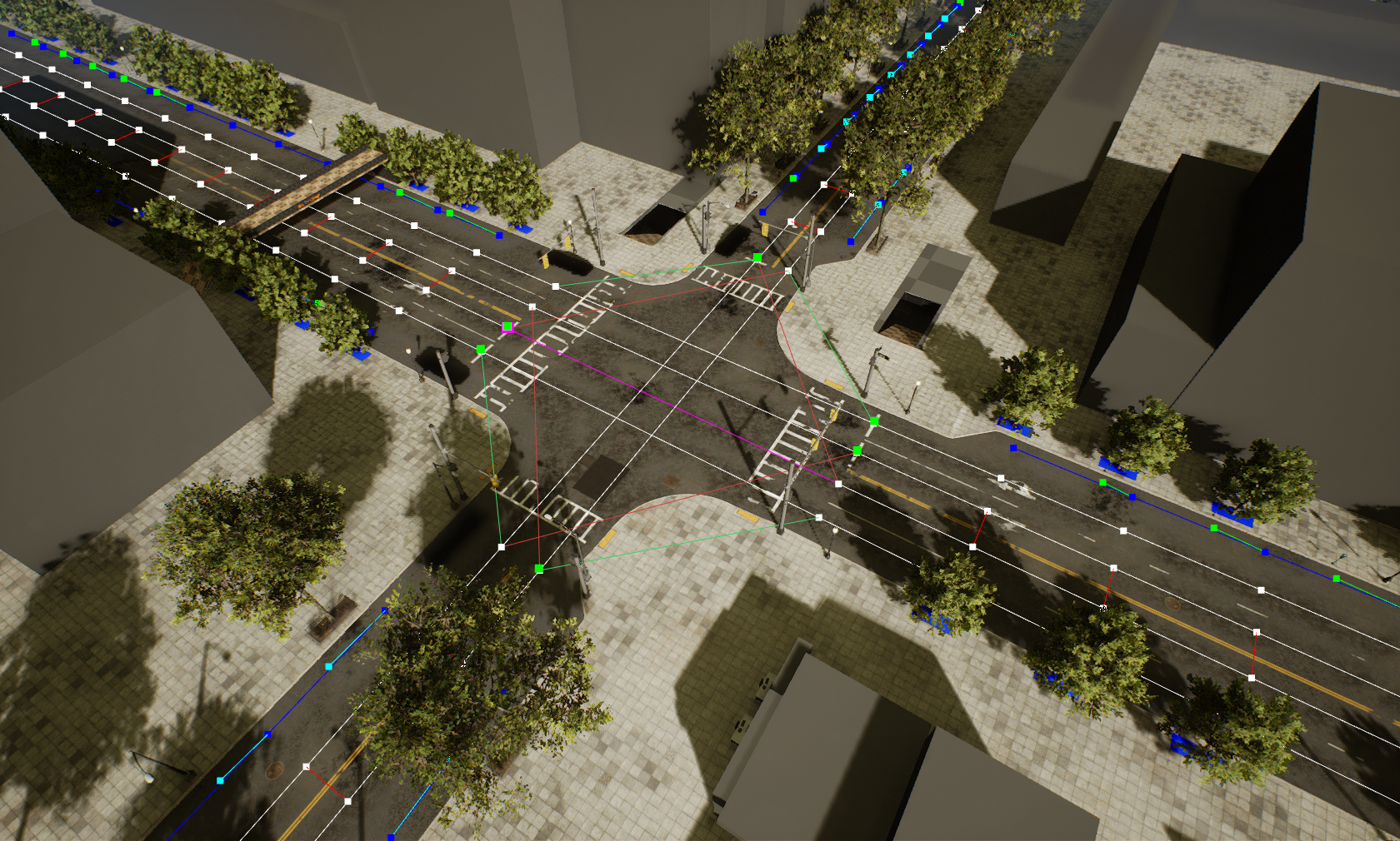 Debug visualization showing the traffic node network of an intersection in our feature testing map