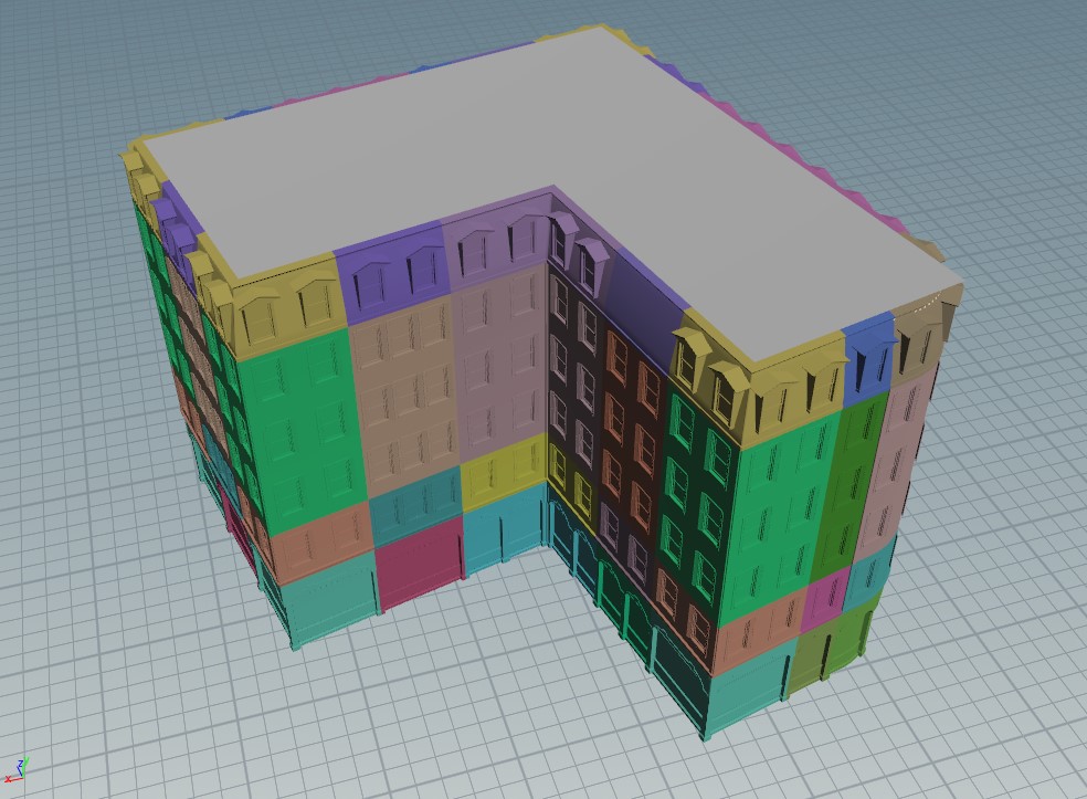 The same building with a debug visualization that shows the different modules