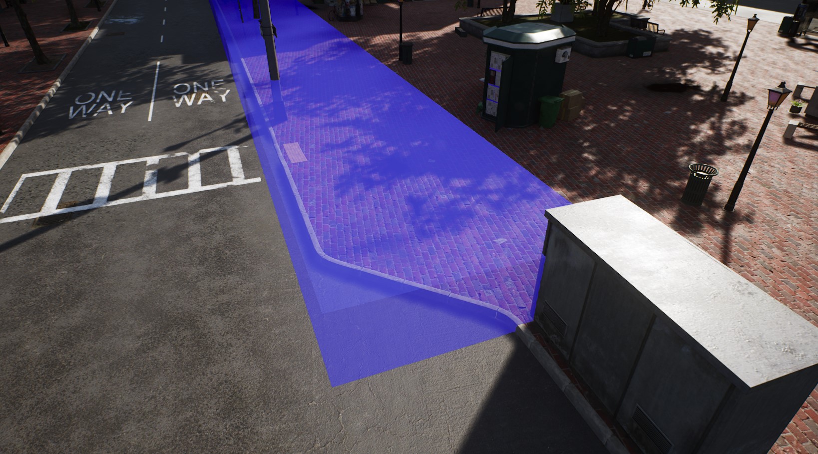 A volume that makes the sidewalk extend inwards to create narrow streets